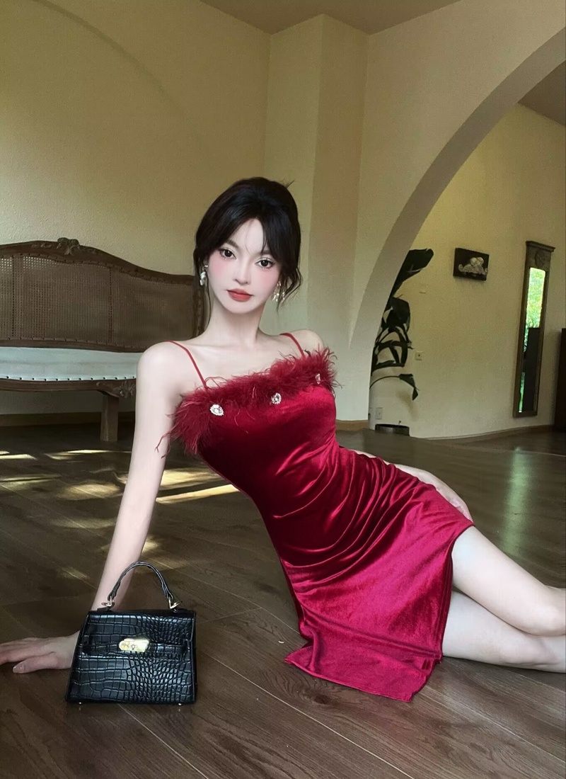 Summer retro velvet irregular elmo sexy dress for women