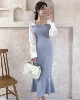 Slim lantern sleeve package hip pinched waist dress