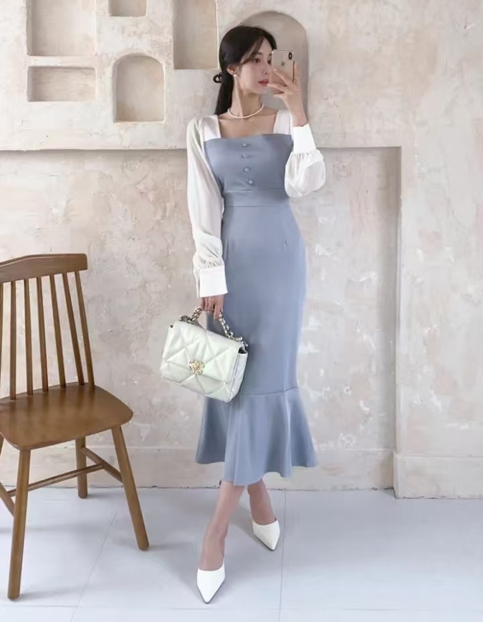 Slim lantern sleeve package hip pinched waist dress