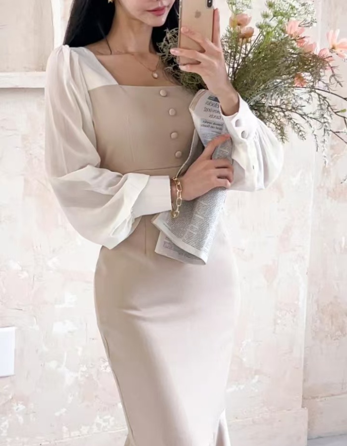 Slim lantern sleeve package hip pinched waist dress