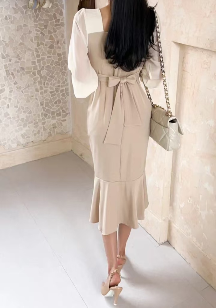 Slim lantern sleeve package hip pinched waist dress