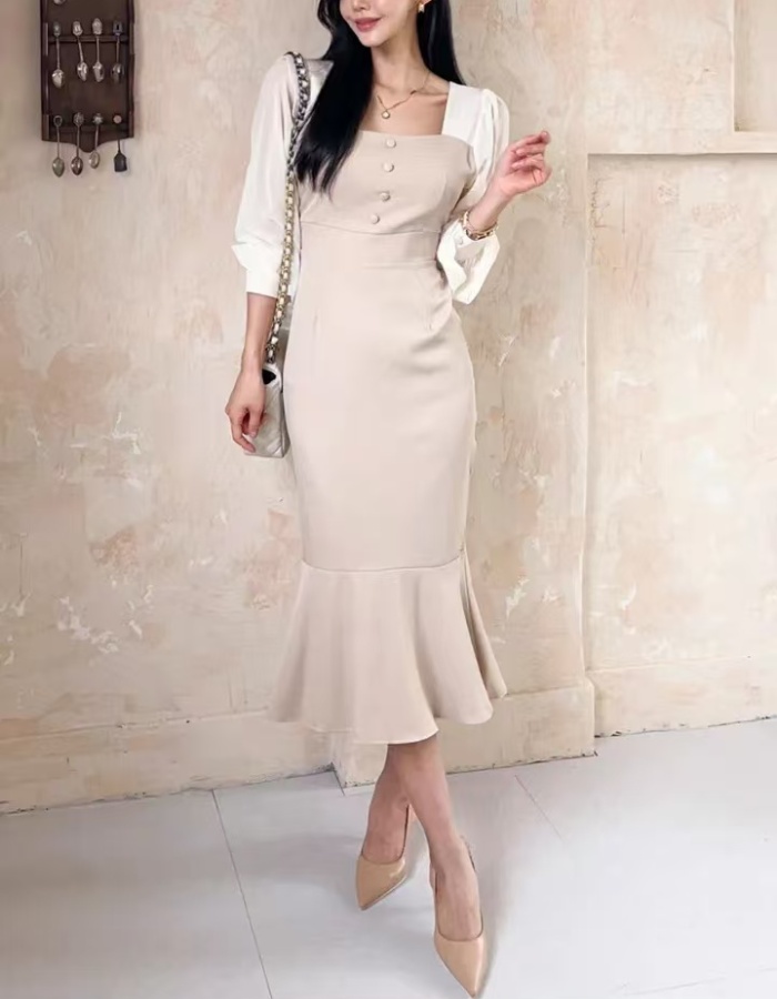 Slim lantern sleeve package hip pinched waist dress