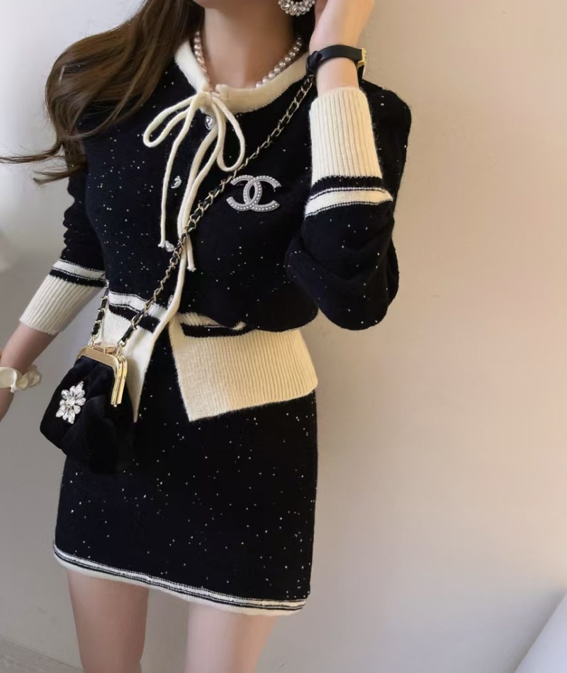 Slim long sleeve short skirt knitted cardigan 2pcs set