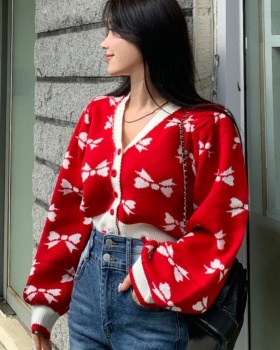 Short Korean style bow printing puff sleeve cardigan