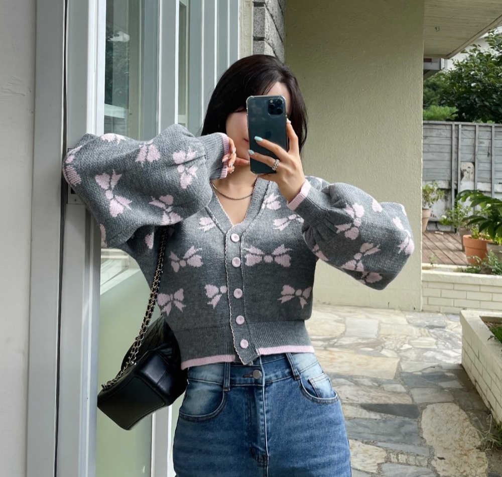 Short Korean style bow printing puff sleeve cardigan