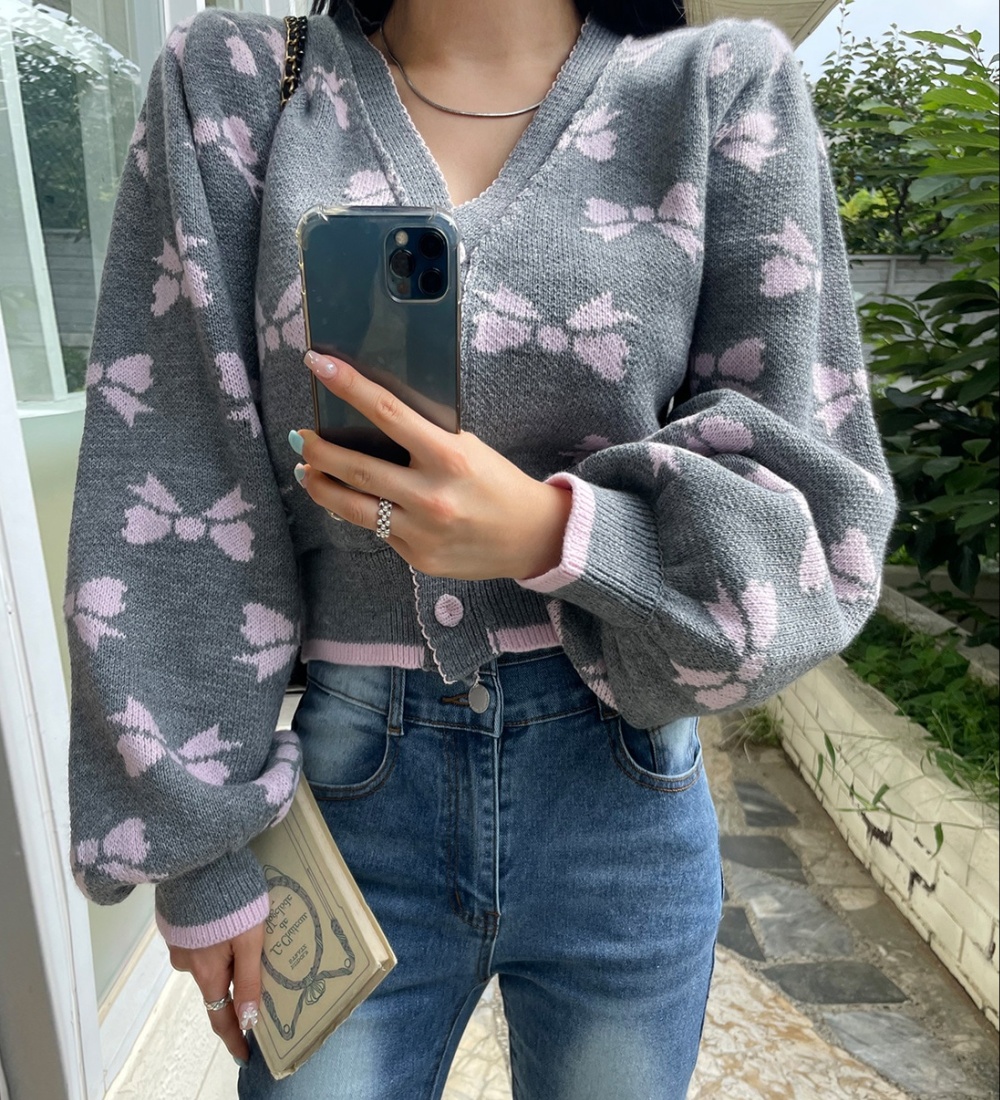 Short Korean style bow printing puff sleeve cardigan