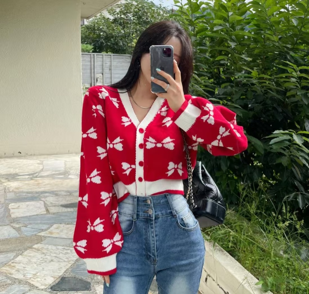 Short Korean style bow printing puff sleeve cardigan