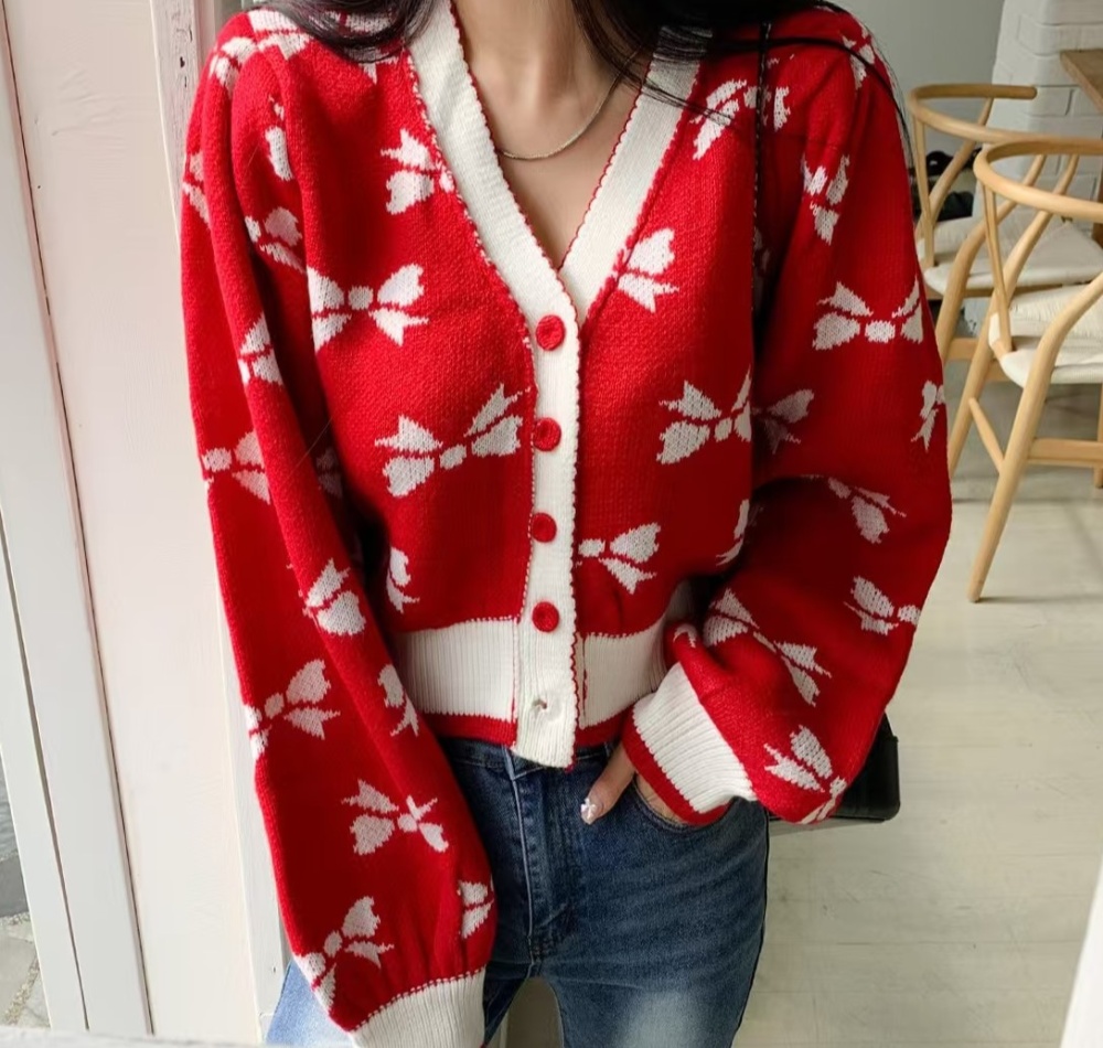 Short Korean style bow printing puff sleeve cardigan