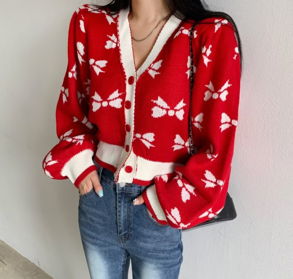 Short Korean style bow printing puff sleeve cardigan