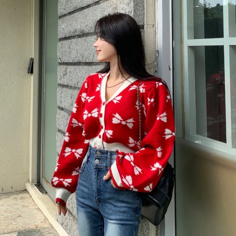 Short Korean style bow printing puff sleeve cardigan