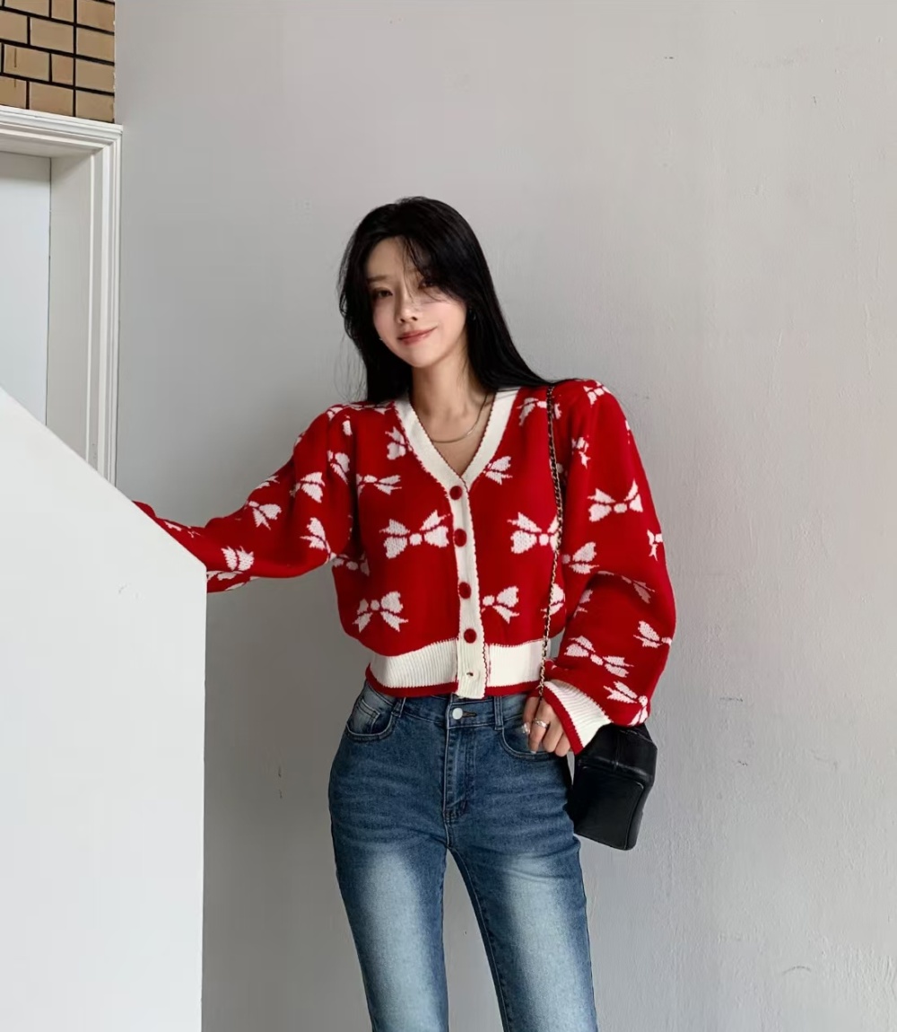 Short Korean style bow printing puff sleeve cardigan