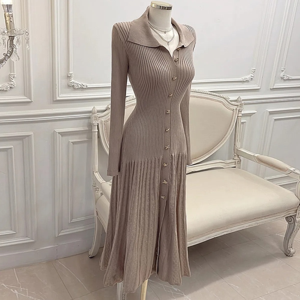 Korean style retro slim elegant breasted splice dress