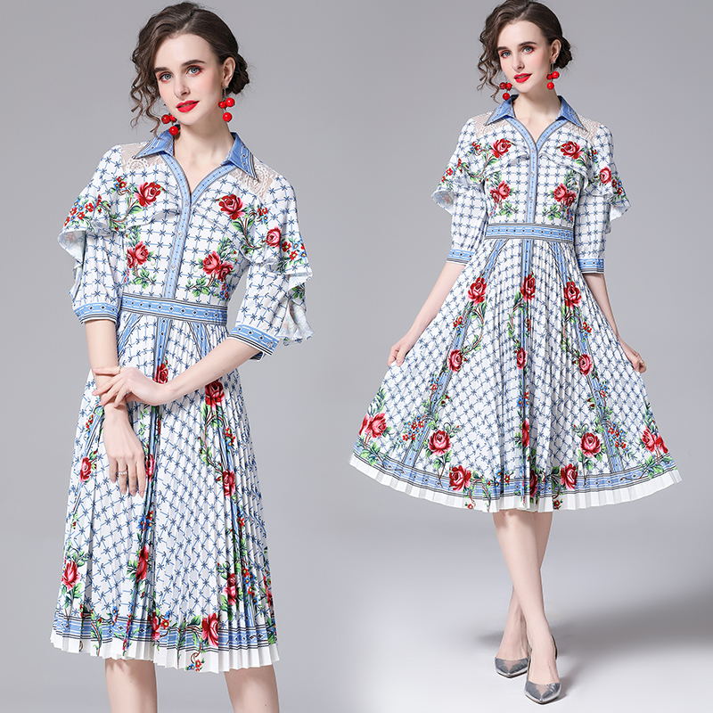 Temperament high waist floral France style printing dress