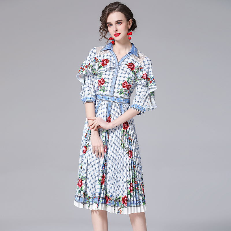 Temperament high waist floral France style printing dress