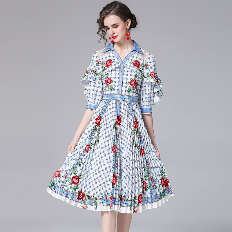 Temperament high waist floral France style printing dress