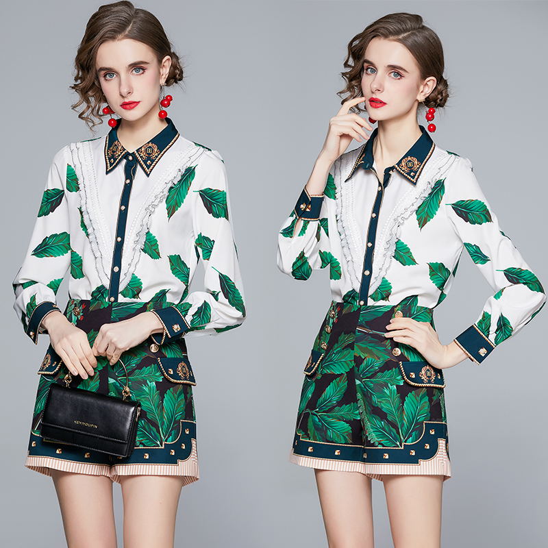 Lapel show high shorts lotus leaf edges shirt 2pcs set