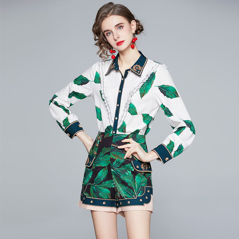 Lapel show high shorts lotus leaf edges shirt 2pcs set