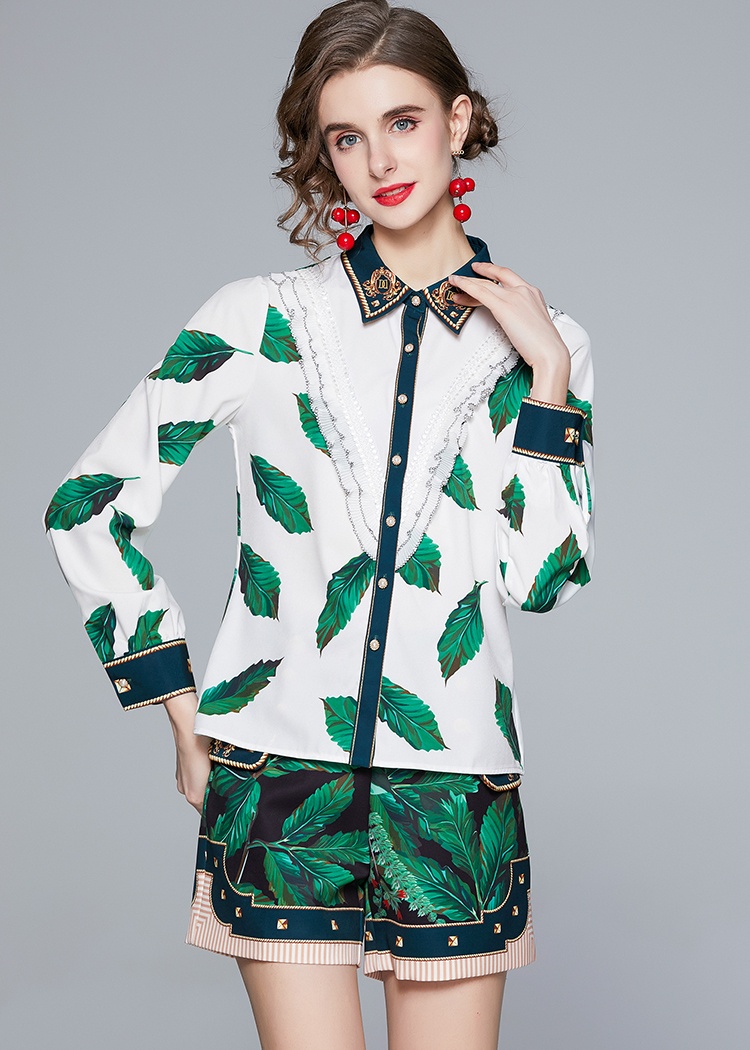 Lapel show high shorts lotus leaf edges shirt 2pcs set