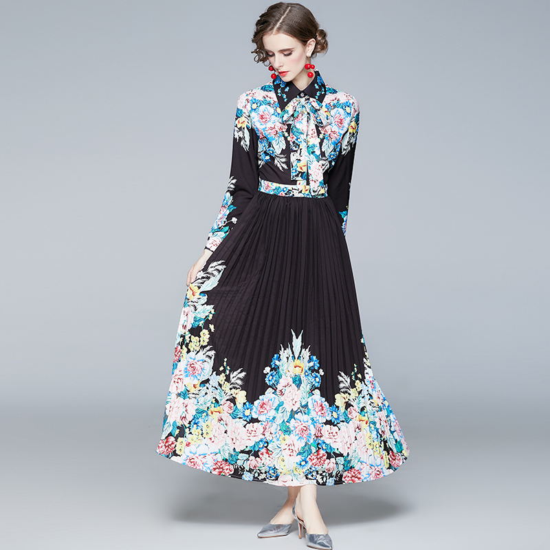 Long printing pleated dress lapel fashion long dress