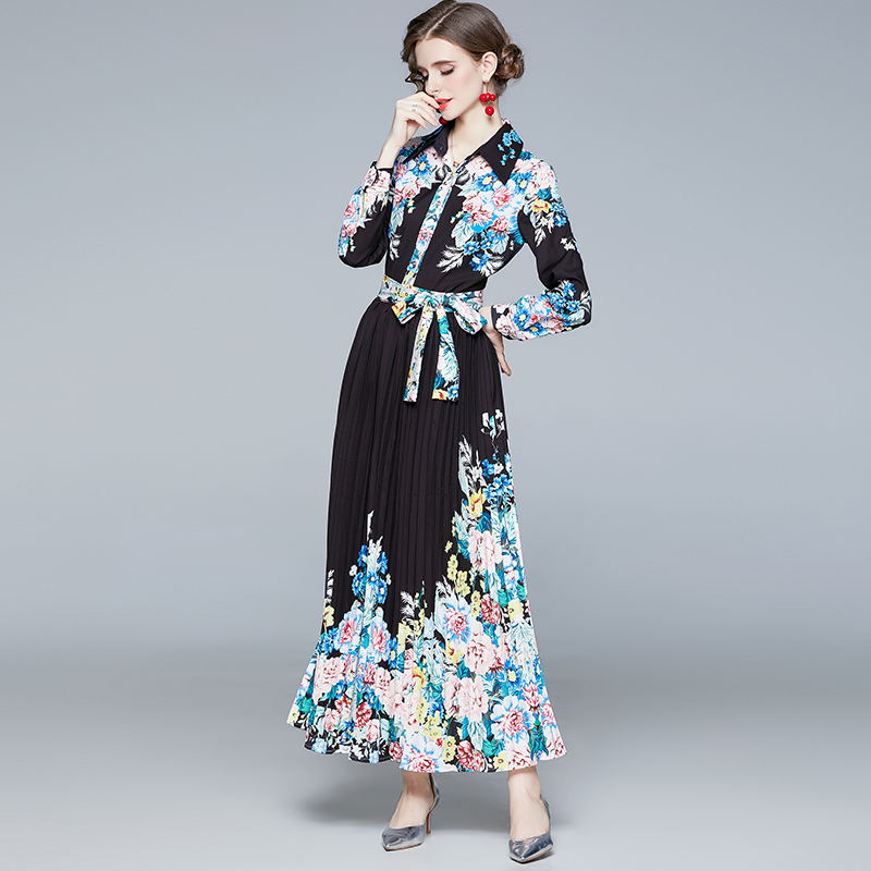 Long printing pleated dress lapel fashion long dress