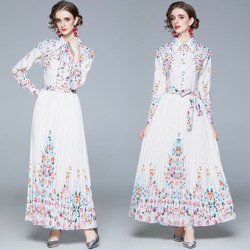 Printing pleated lapel dress long long sleeve shirt