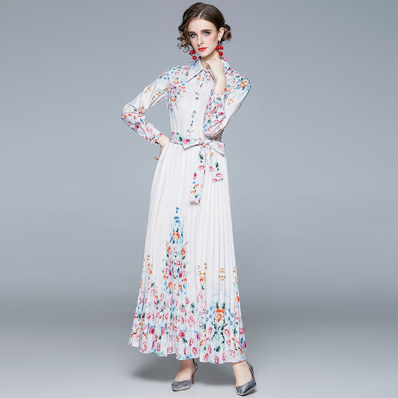 Printing pleated lapel dress long long sleeve shirt