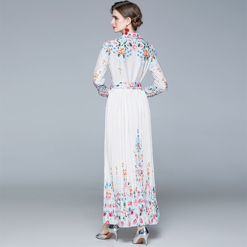 Printing pleated lapel dress long long sleeve shirt