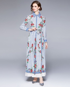 Long fashion lapel shirt long sleeve printing pleated dress