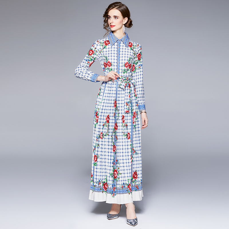 Long fashion lapel shirt long sleeve printing pleated dress