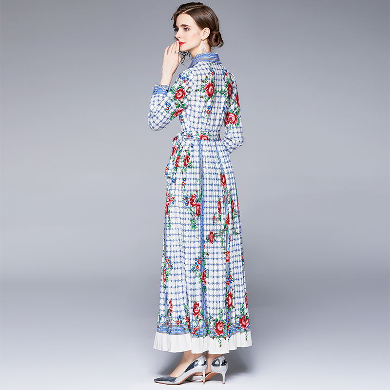 Long fashion lapel shirt long sleeve printing pleated dress