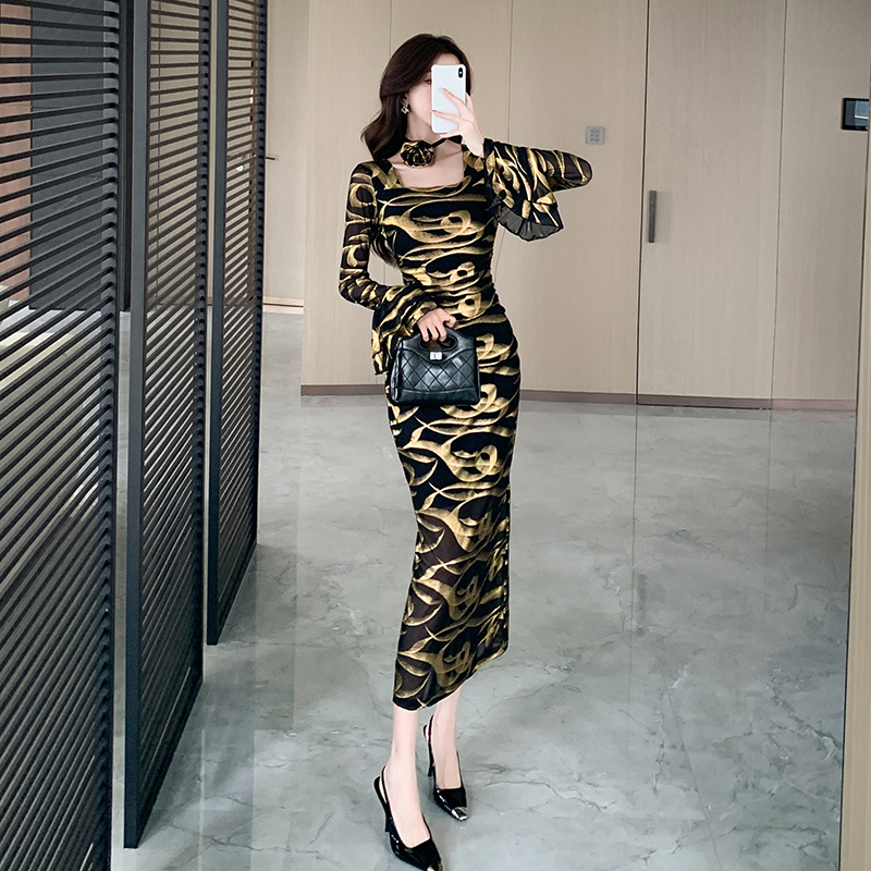 Temperament fashion dress printing package hip long dress