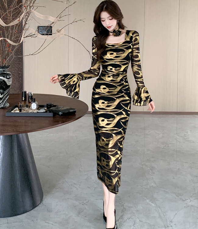 Temperament fashion dress printing package hip long dress