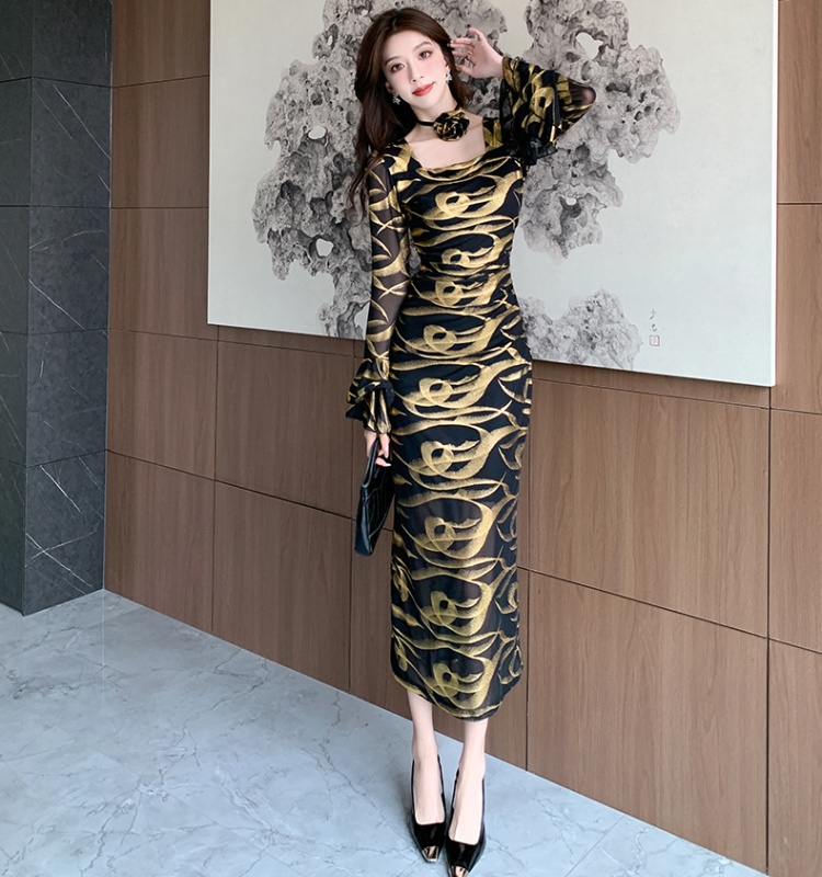 Temperament fashion dress printing package hip long dress