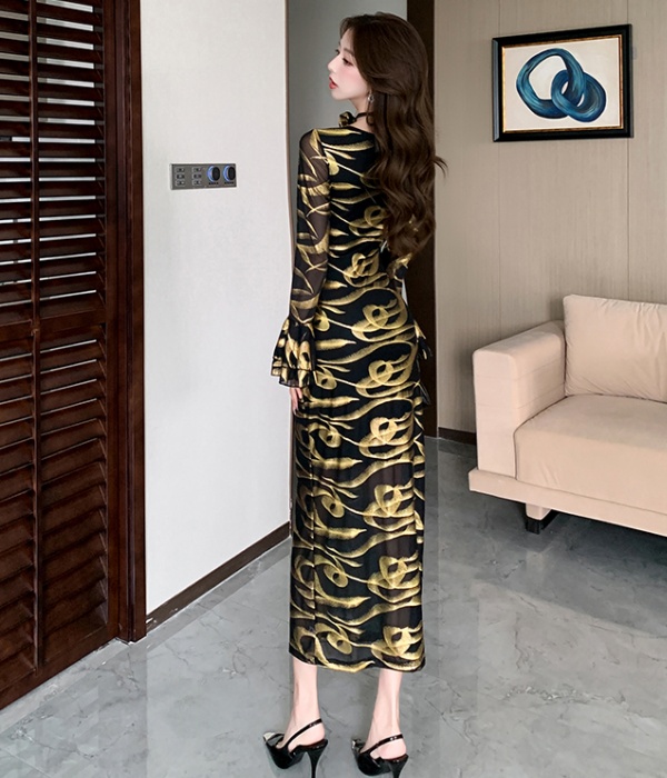 Temperament fashion dress printing package hip long dress