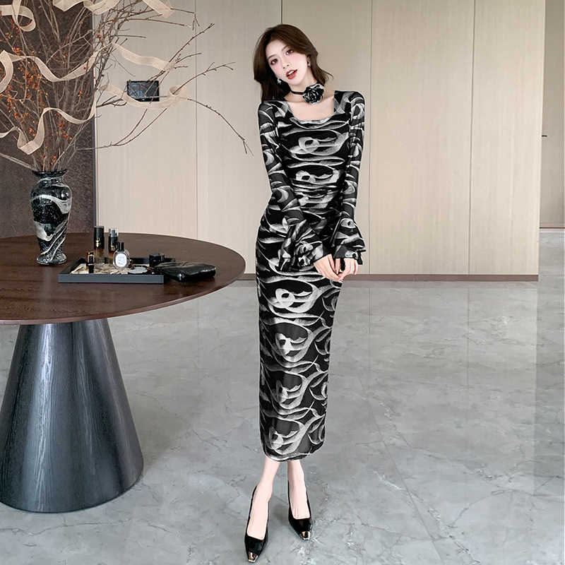 Temperament fashion dress printing package hip long dress