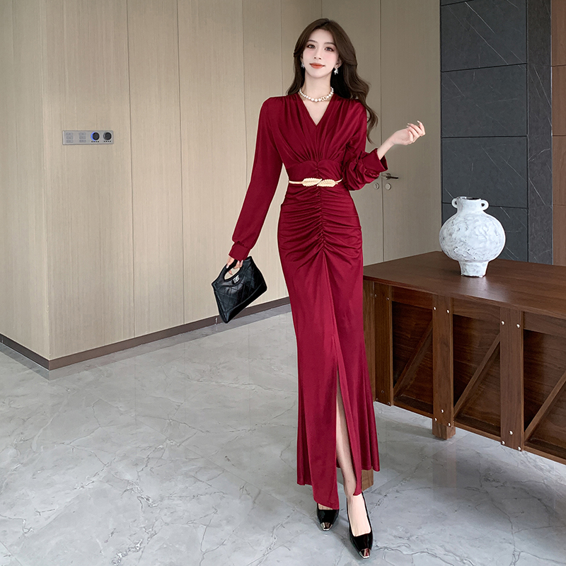 Elasticity autumn long dress package hip dress