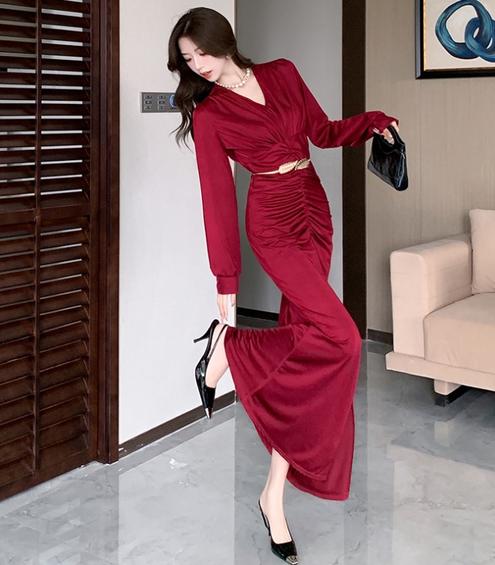 Elasticity autumn long dress package hip dress