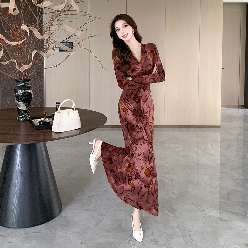 Autumn slim jacquard package hip long dress