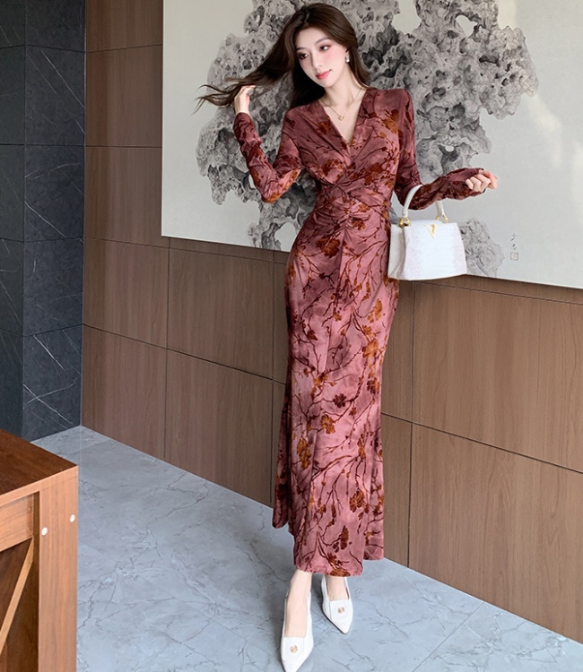 Autumn slim jacquard package hip long dress