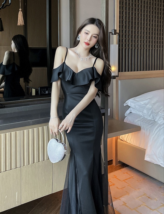 Temperament low-cut dress black sexy long dress