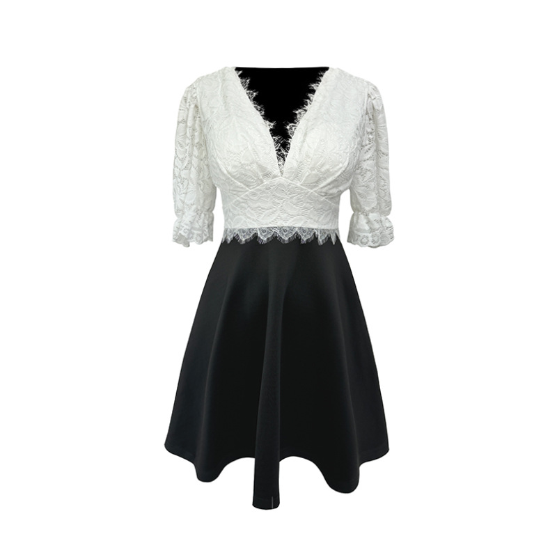 Temperament night show lace dress sexy black-white T-back