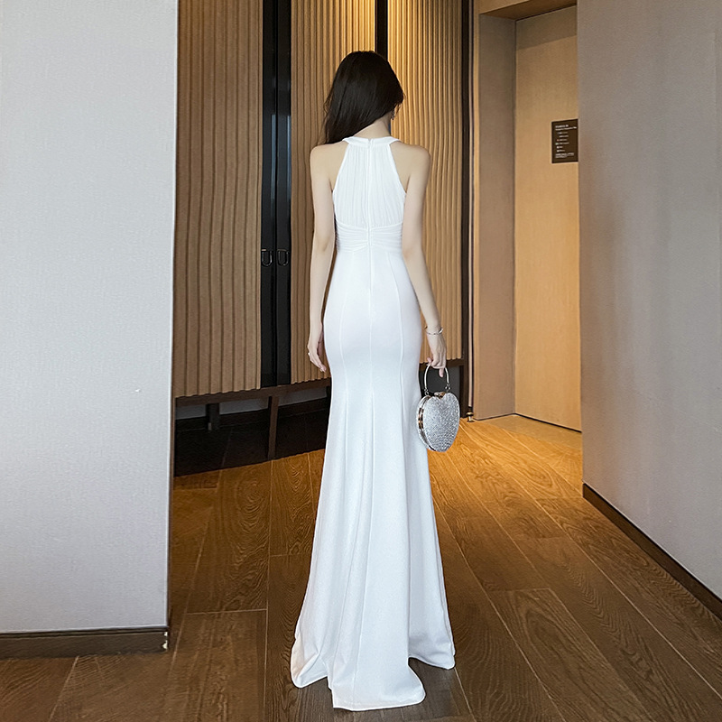 Temperament night show formal dress white halter dress