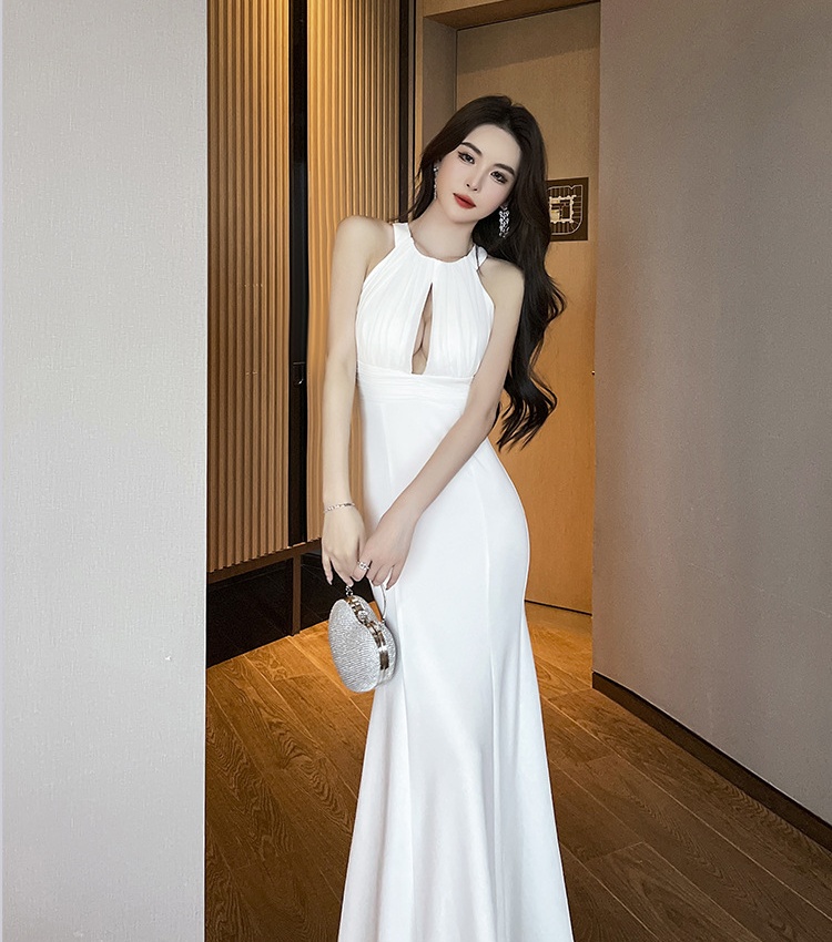 Temperament night show formal dress white halter dress