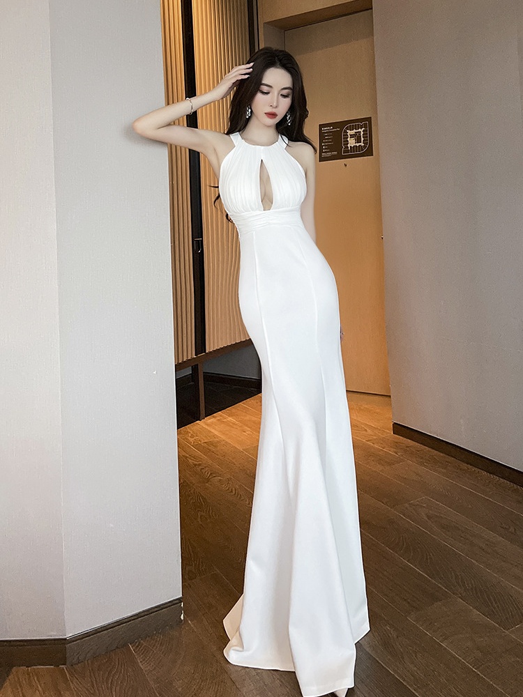 Temperament night show formal dress white halter dress