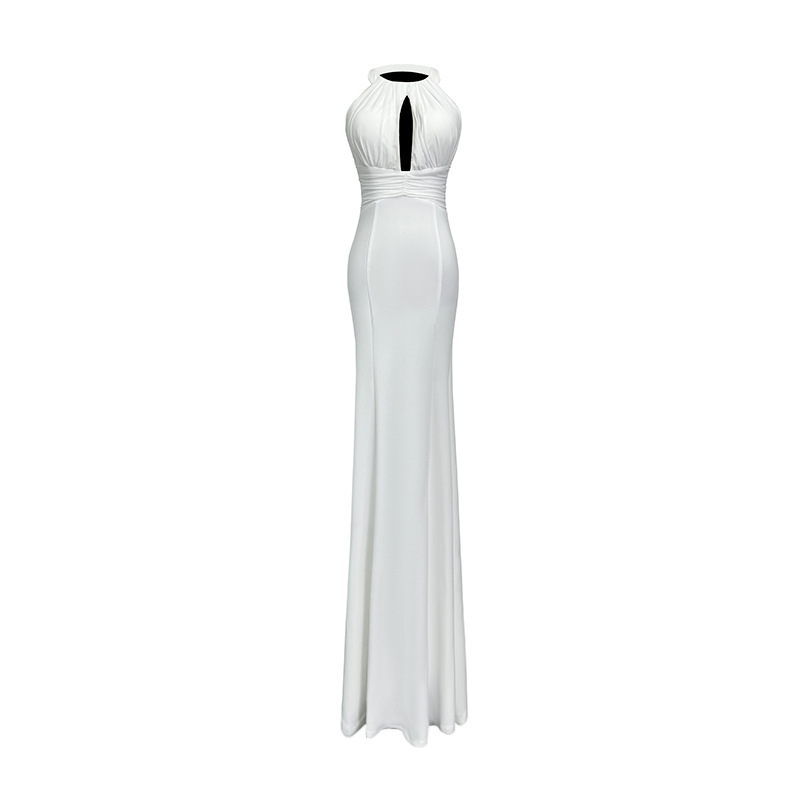 Temperament night show formal dress white halter dress