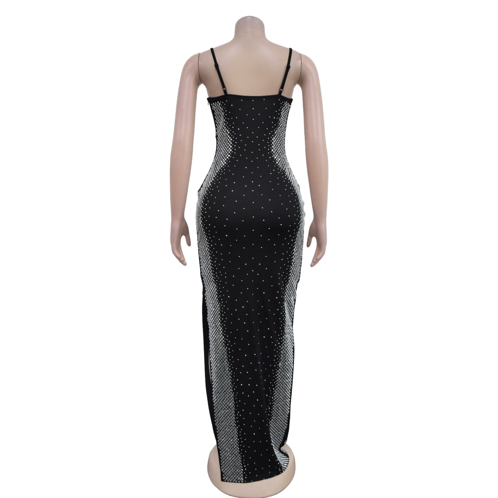 Rhinestone V-neck dress European style long dress for women