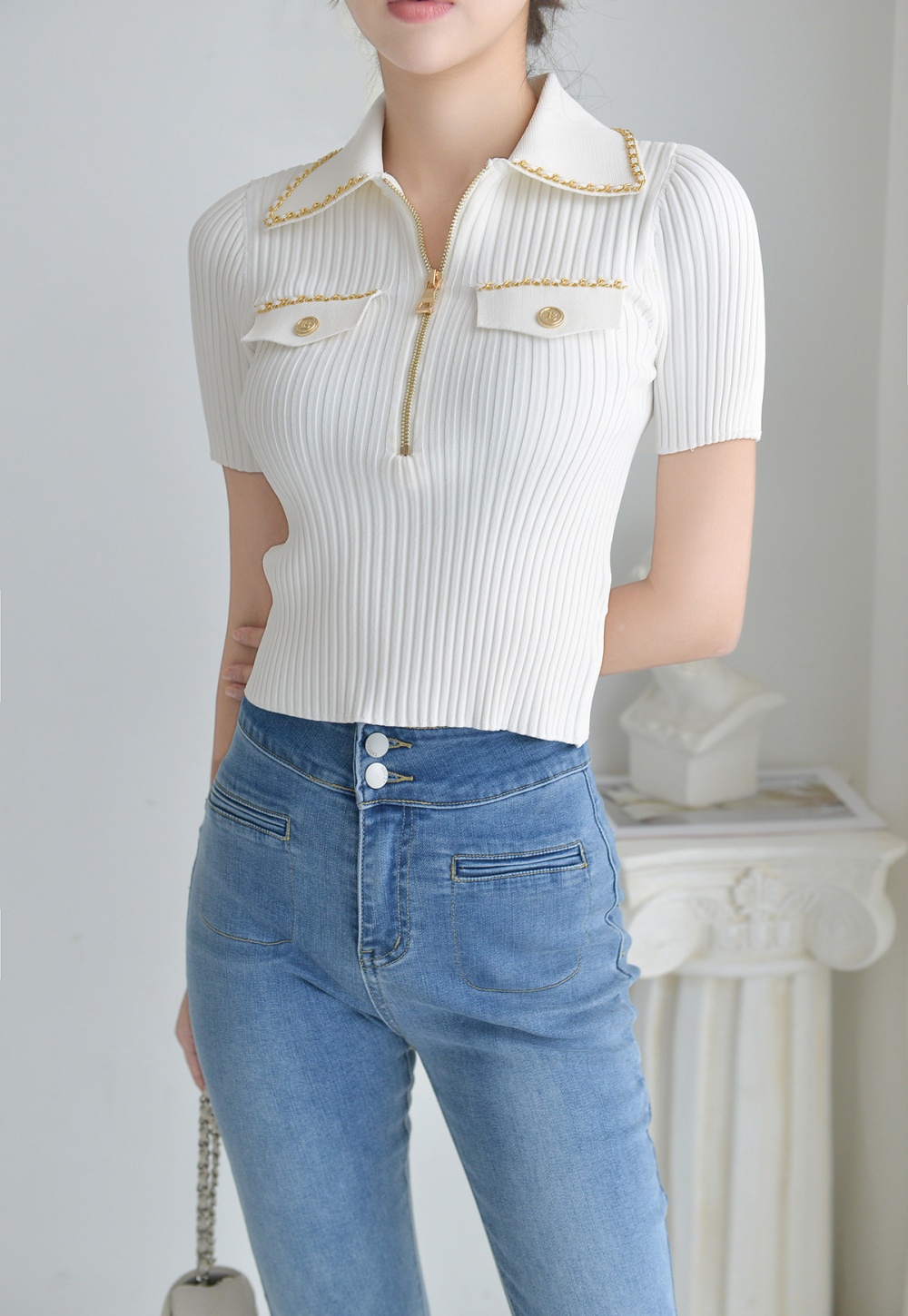 V-neck fashion sweater short sleeve tops for women