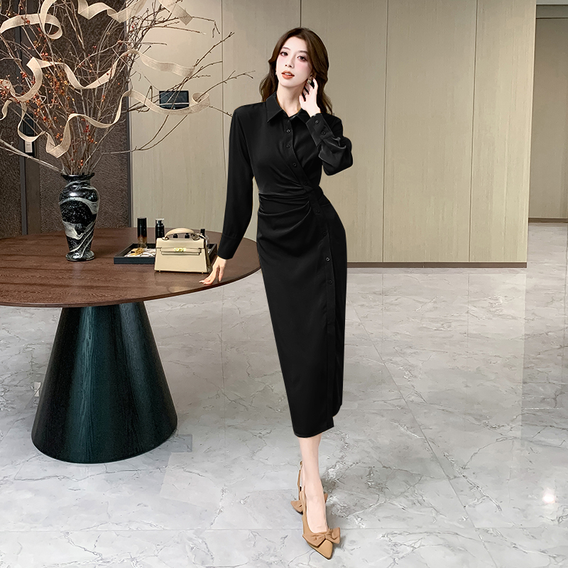 Lapel single-breasted long dress package hip dress