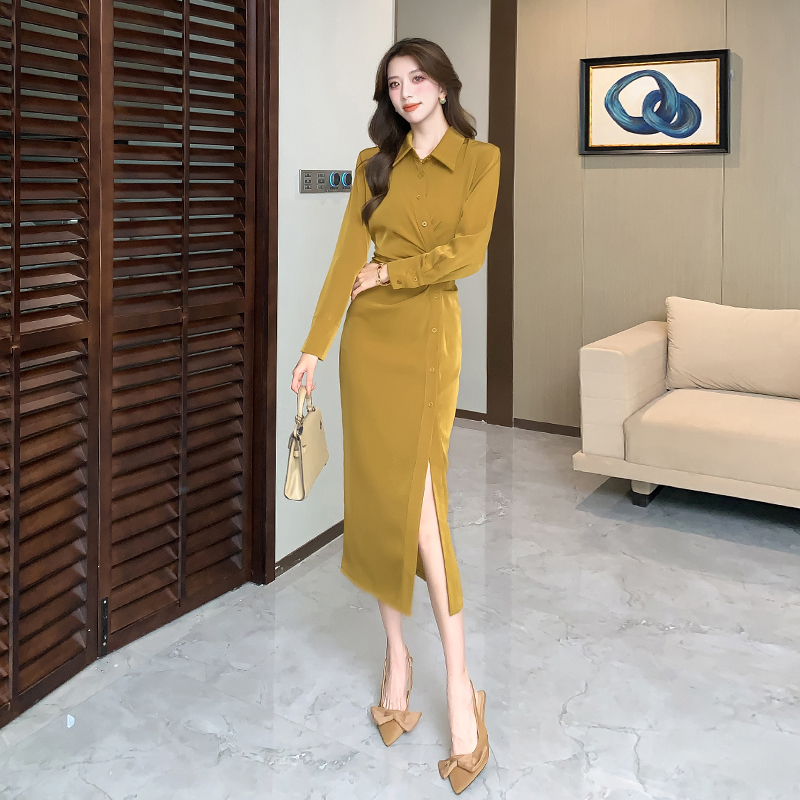 Lapel single-breasted long dress package hip dress