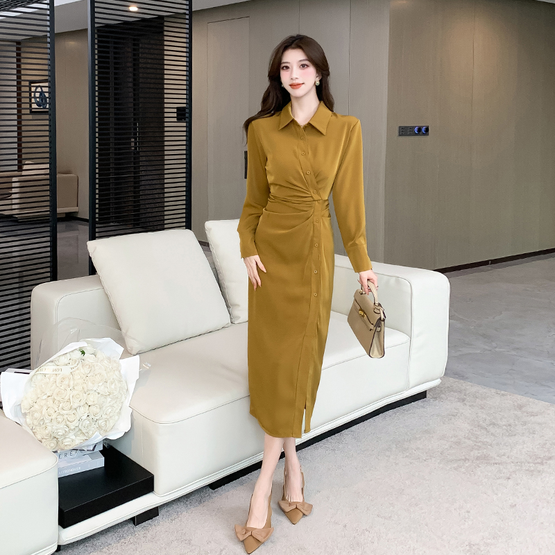 Lapel single-breasted long dress package hip dress